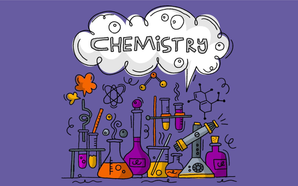 Colorful hand-drawn chemistry wallpaper with bubbling glassware microscope and scientific symbols purple