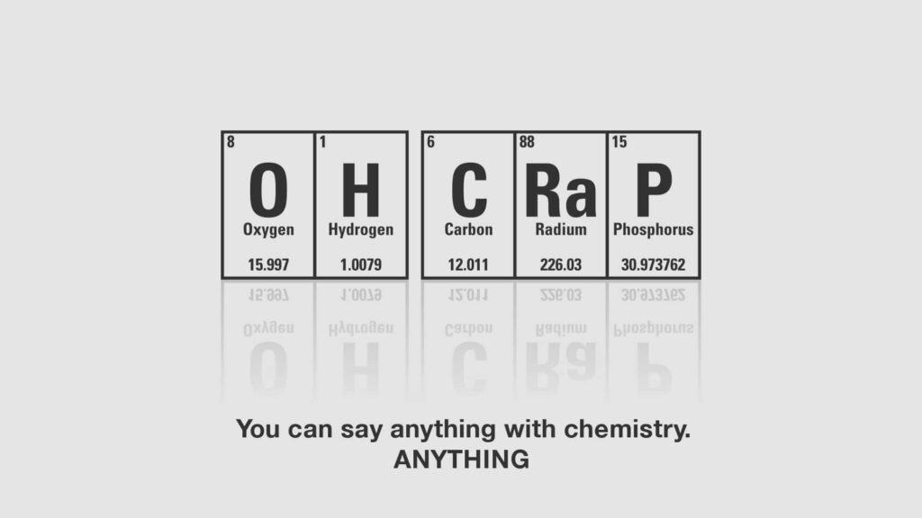 Periodic table elements spelling a funny phrase on minimalist white background chemistry wallpaper