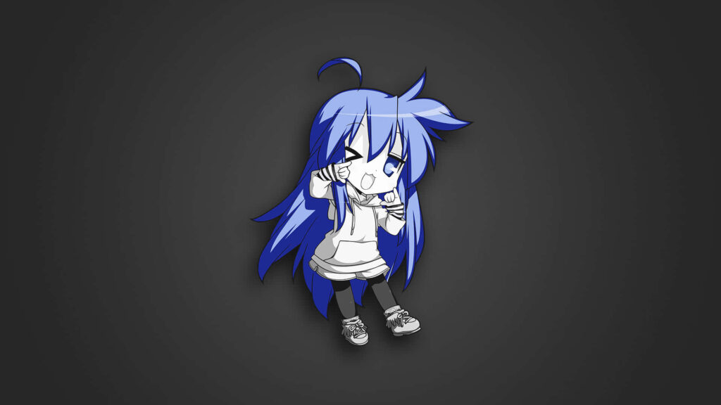 Chibi *Lucky Star* Wallpaper: Cheerful Blue Hair on Dark Background