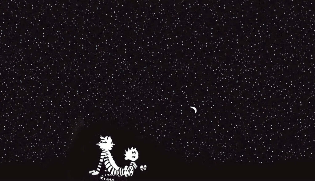 Whimsical Black & White Wallpaper: Child and Tiger Under Starry Sky