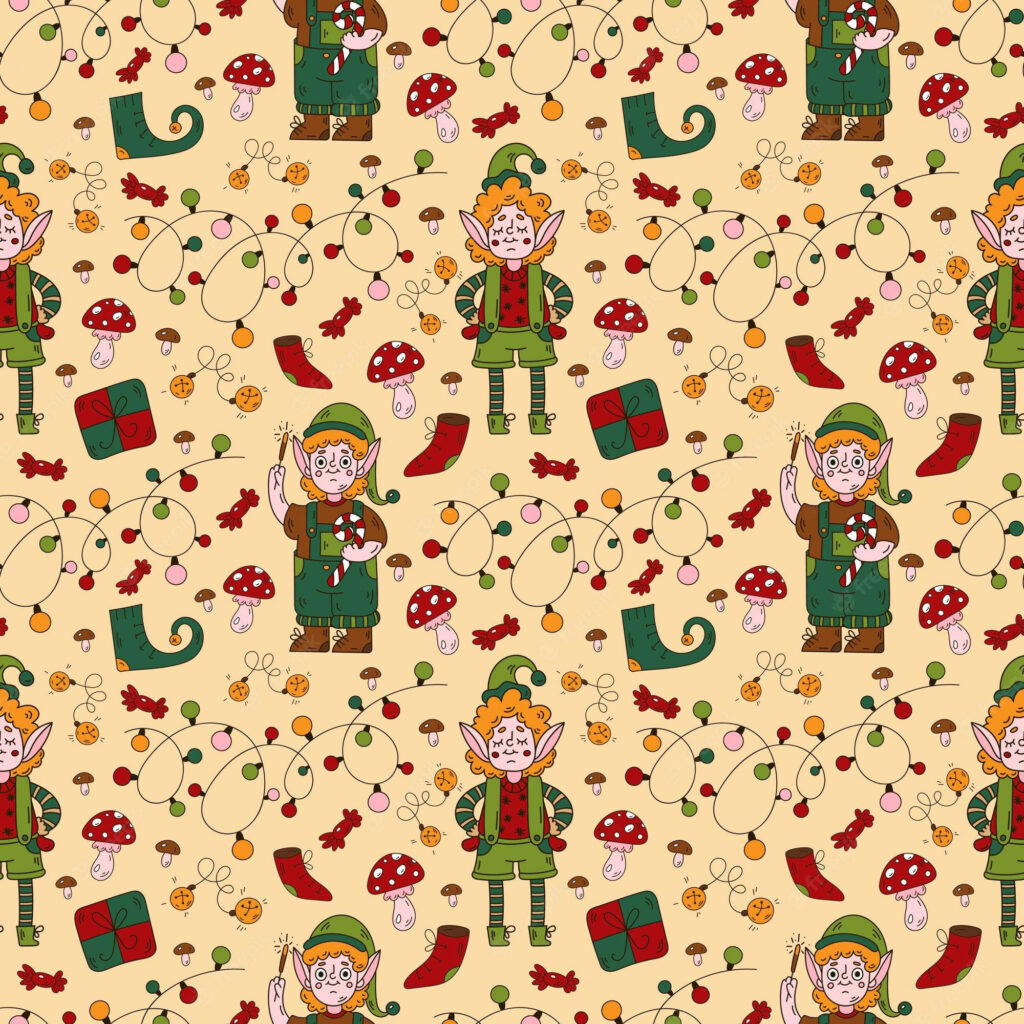 Festive Elf Christmas Wallpaper with Colorful Decorations & Lights