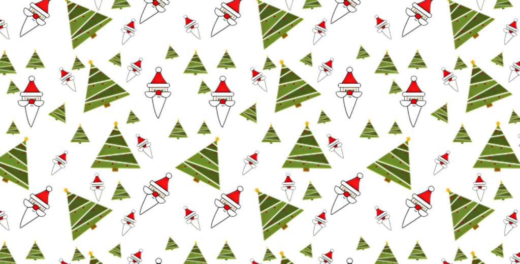 Playful Christmas Wallpaper with Santa Faces & Trees on Dark Background