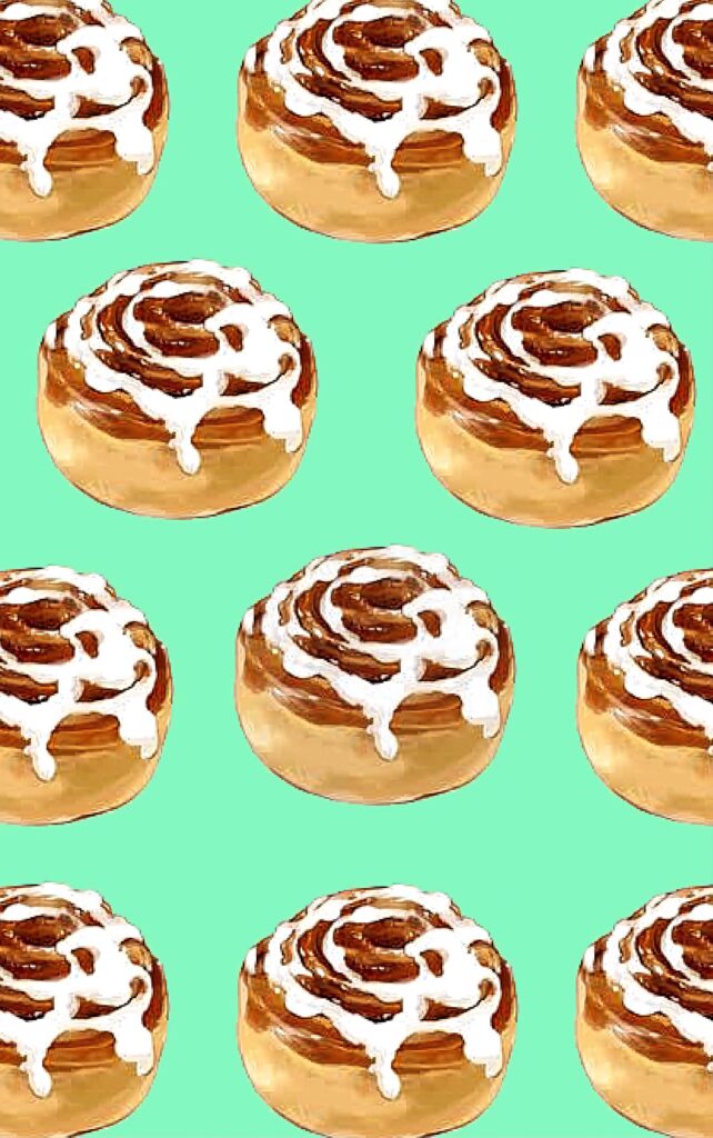 Playful cinnamon roll wallpaper with white icing on vibrant green background in cartoon style