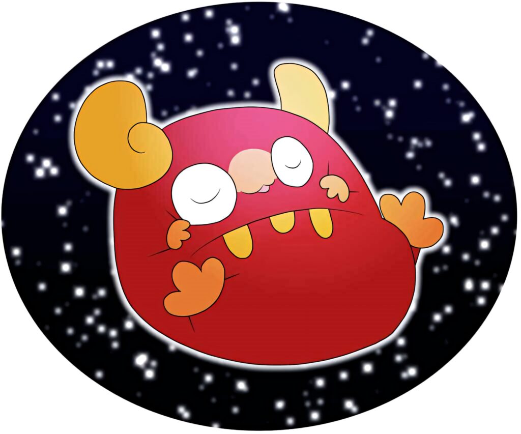Playful Darumaka cartoon floating on deep blue starry background vibrant red yellow colors Wallpaper