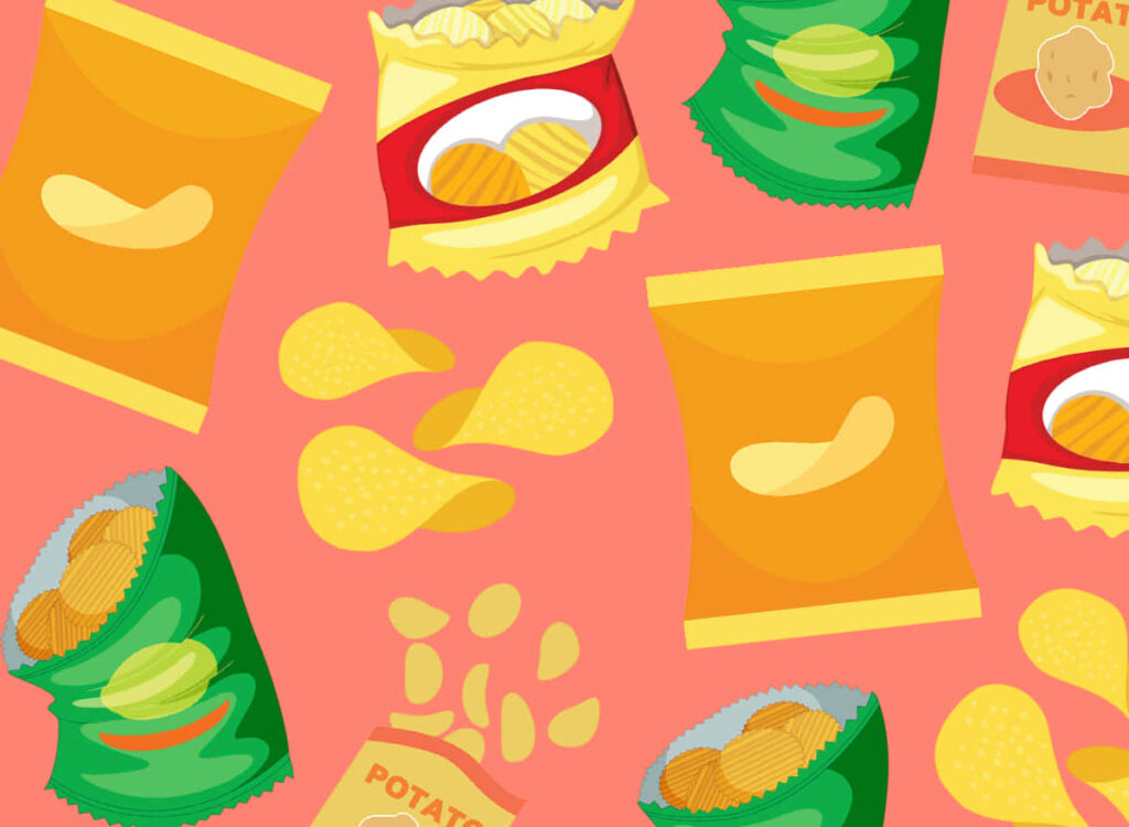 Chips Galore: A Charming Vector Illustration Showcasing a Rainbow of Colorful Potato Chip Bags Surrounding a Pile of Delicious Loose Snacks Wallpaper