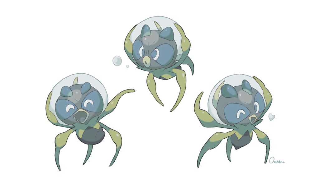 Three playful Dewpider Pokémon dancing on white background in pastel tones hand-drawn style Wallpaper