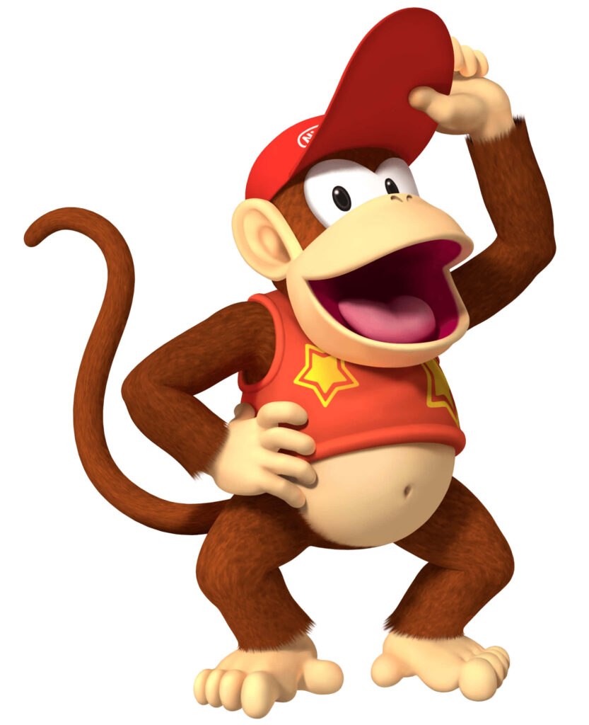 Playful Diddy Kong in vibrant 3D art wearing red hat and star shirt cheerful adventurous pose Wallpaper