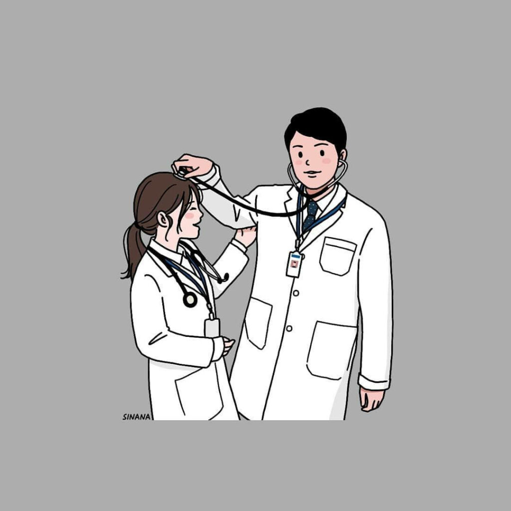 Two doctors in white coats sharing stethoscope cartoon teamwork medical profession wallpaper