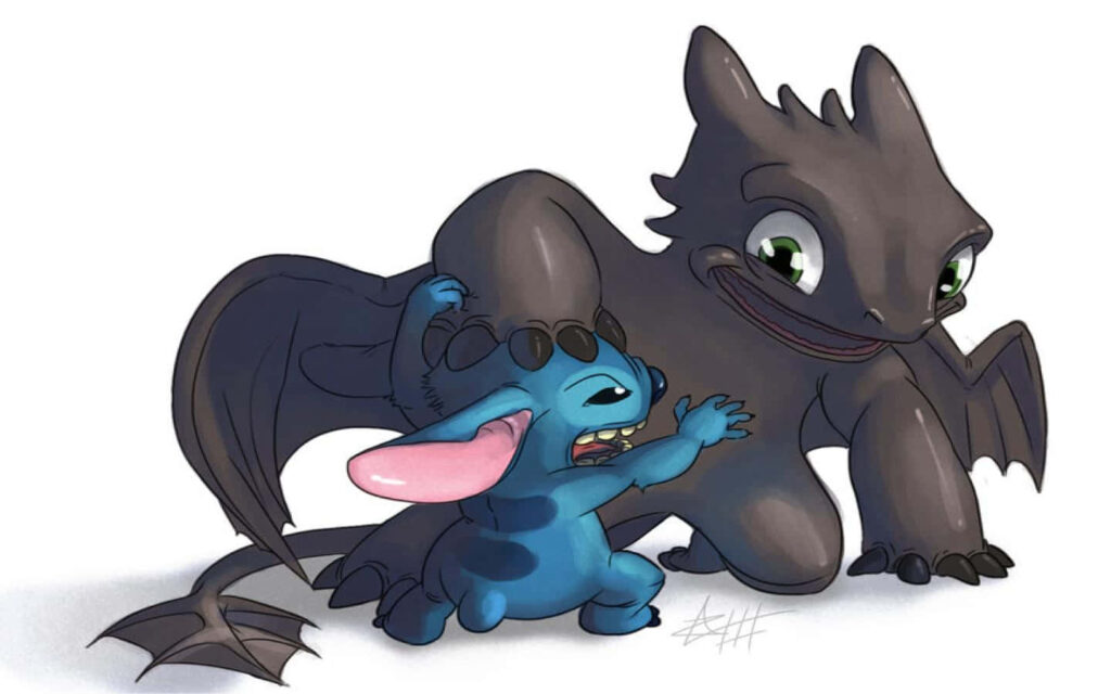 Dragon and Alien Playful Interaction Wallpaper - Fun Animated Characters