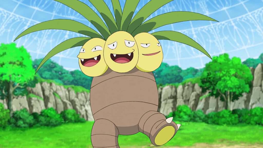Exeggutor in bright cartoon style standing in lush sunlit field with green trees and rocks Wallpaper