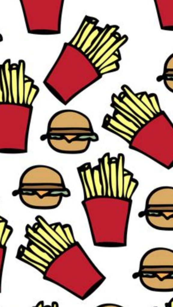 Playful cheeseburger and fries pattern wallpaper with cute cartoon fast food on white background