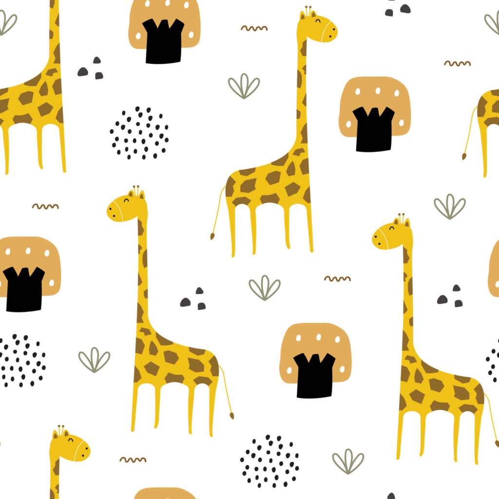 Playful Giraffe & Mushroom Pattern Wallpaper – Modern White Design