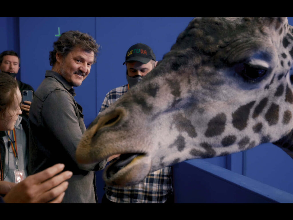 Playful Giraffe Interacts with People in a Vibrant Set Scene Wallpaper