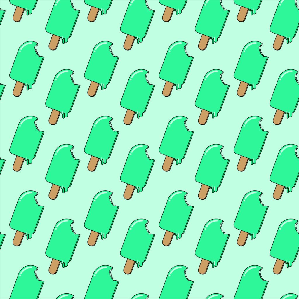 Seamless pattern of green bitten ice cream bars with drips on light mint background wallpaper