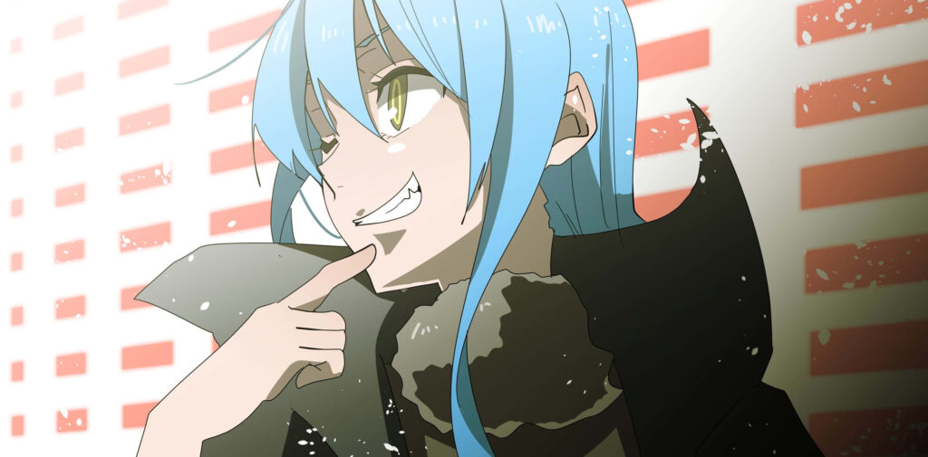 Playful grinning Rimuru from That Time I Got Reincarnated as Slime on bold red white background wallpaper