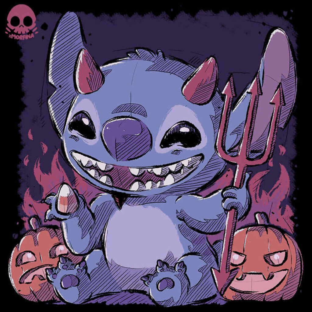 Spooky Stitch Halloween Wallpaper: Devilish Fun with Grinning Pumpkins