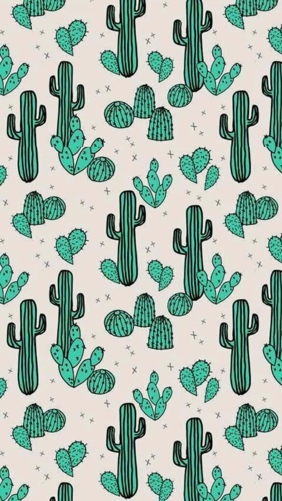 Hand-drawn green cactus pattern on beige background fresh lively desert wallpaper design