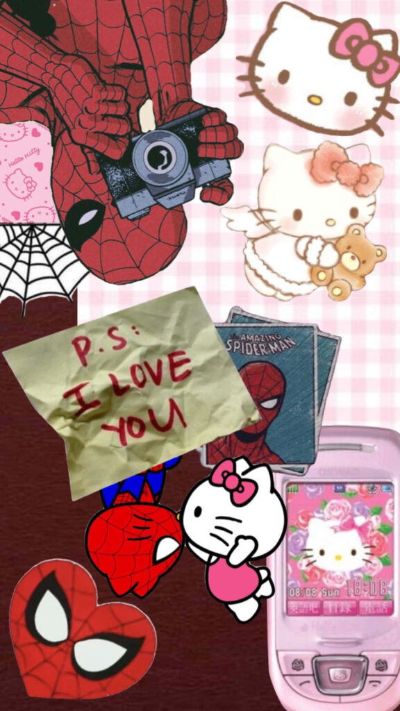 Hello Kitty & Spider-Man Collage Wallpaper: Retro Fun Design
