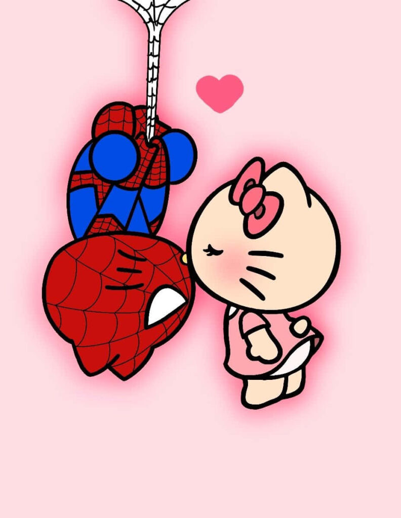 Playful Hello Kitty & Upside-Down Spiderman Wallpaper in Soft Pink