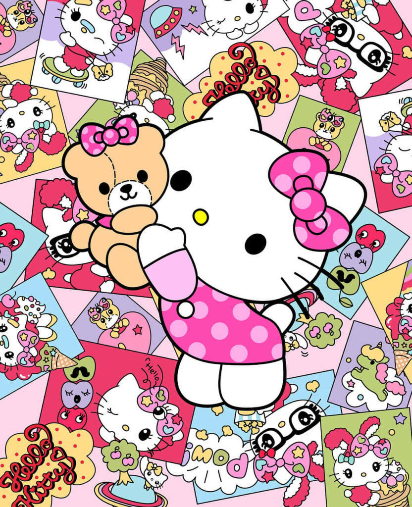 Playful Hello Kitty Wallpaper: Colorful Collage of Joyful Elements