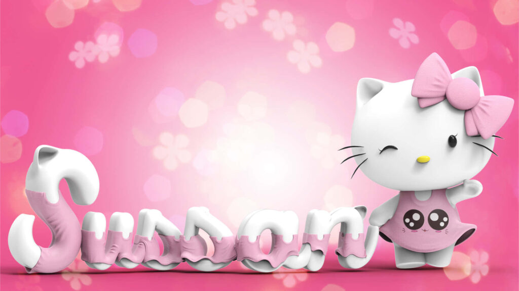Charming Hello Kitty Wallpaper with 3D Text & Floral Patterns