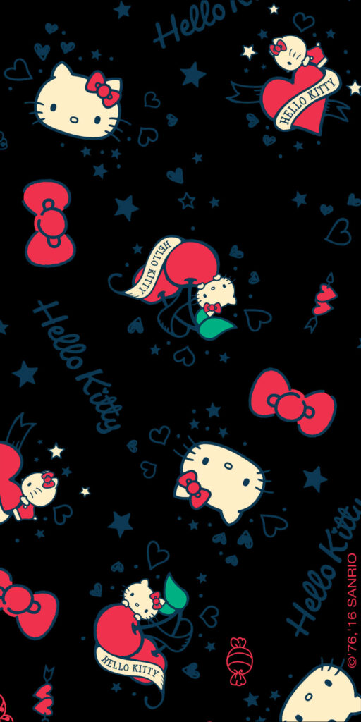 Playful Hello Kitty Wallpaper with Bows, Hearts & Stars on Dark Background