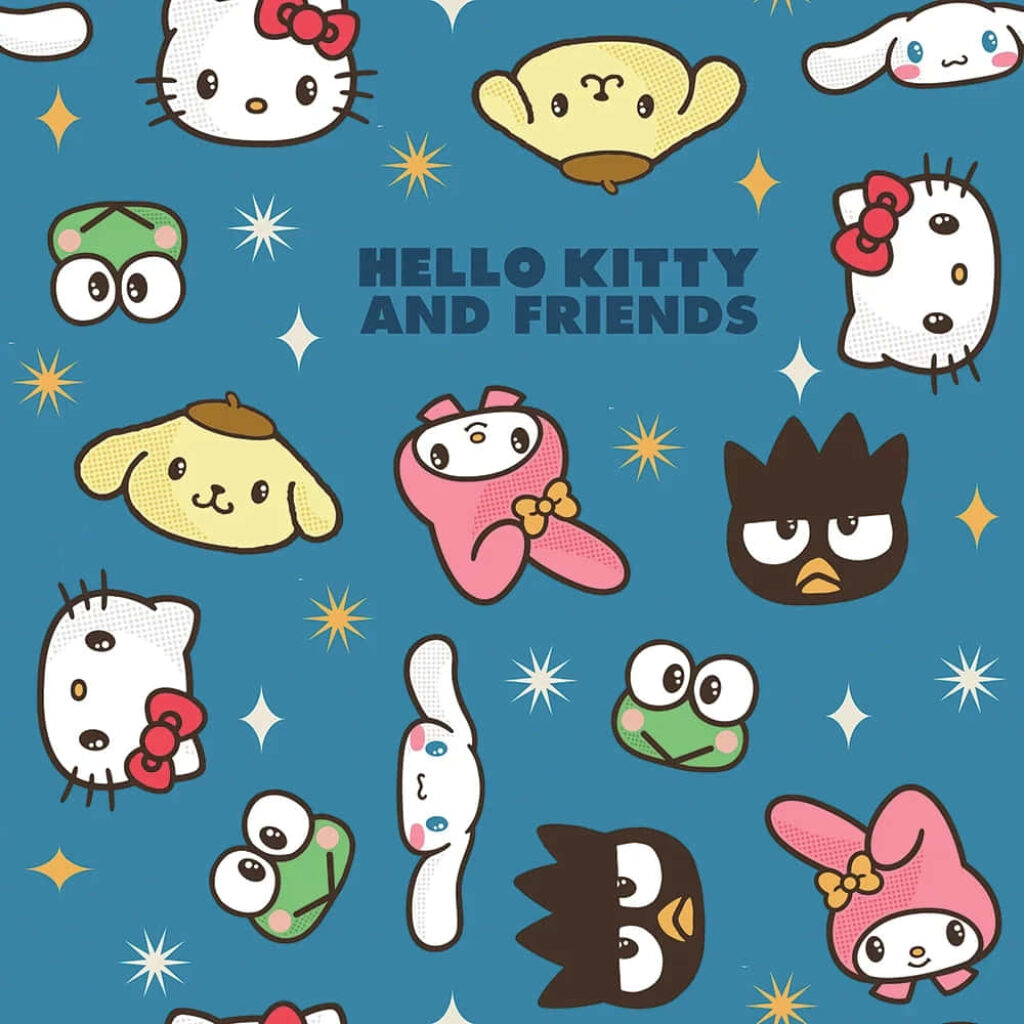 Playful Hello Kitty Wallpaper with Colorful Friends on Blue Background