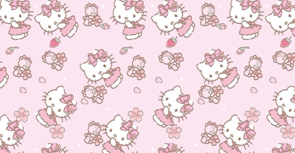 Playful Hello Kitty Wallpaper with Floral Patterns on Soft Pink Background