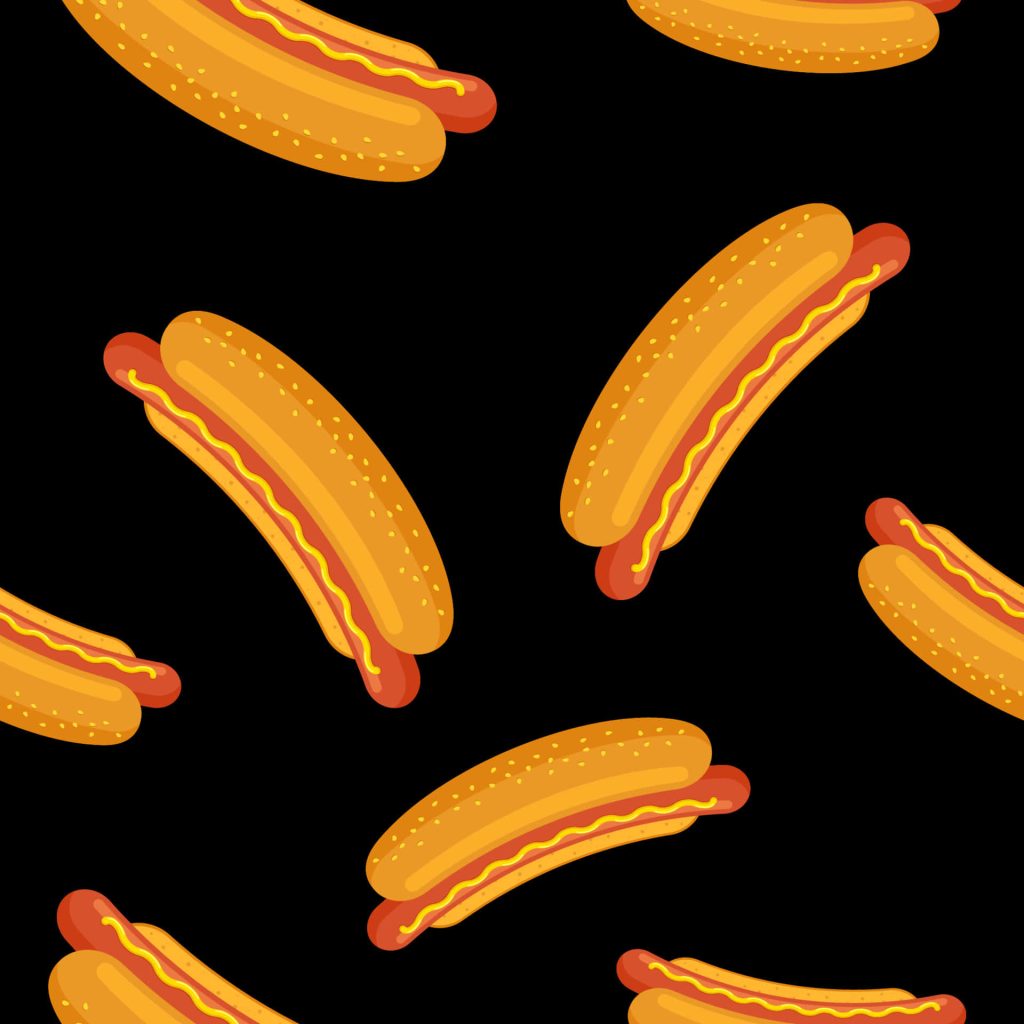 Seamless hot dog wallpaper with mustard frankfurters in sesame buns on black background