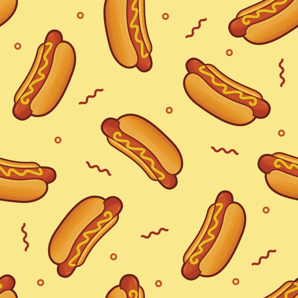 Seamless cartoon hot dog wallpaper with mustard on soft yellow background vibrant vector design