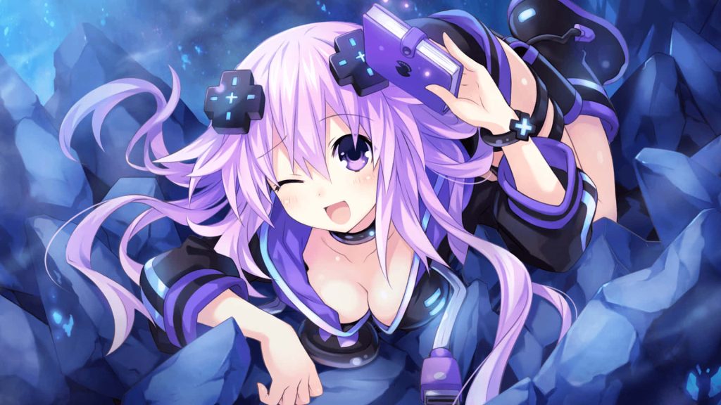 Hyperdimension Neptunia wallpaper with Neptune winking in purple hair and gaming accessories
