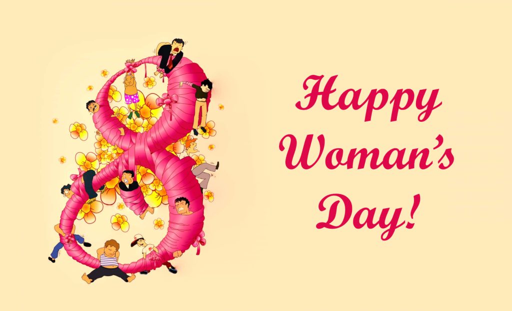 Playful pink ribbon eight with yellow flowers and male cartoon characters for Women's Day wallpaper