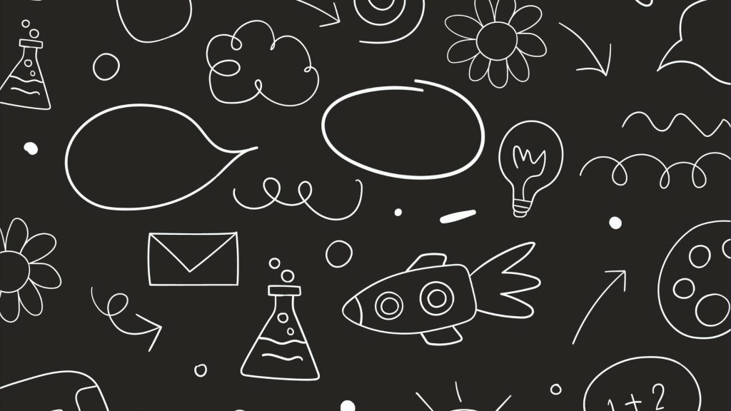 Kidcore desktop wallpaper with white doodles of rockets flowers science on black chalkboard background