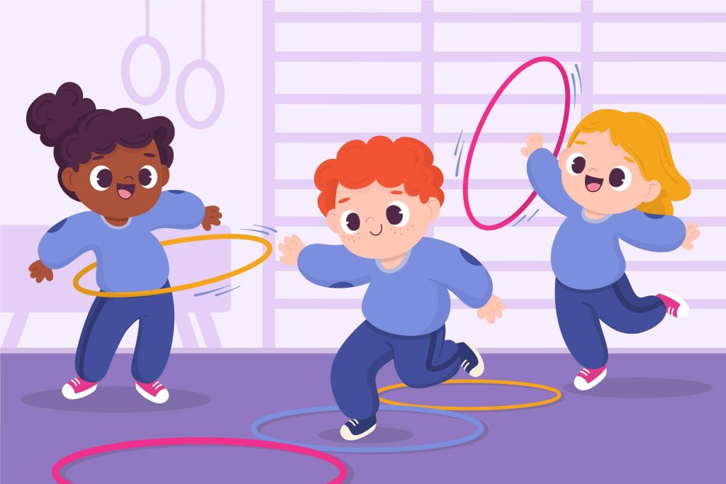 Playful vector wallpaper of three kids with hula hoops in a colorful PE class on violet background