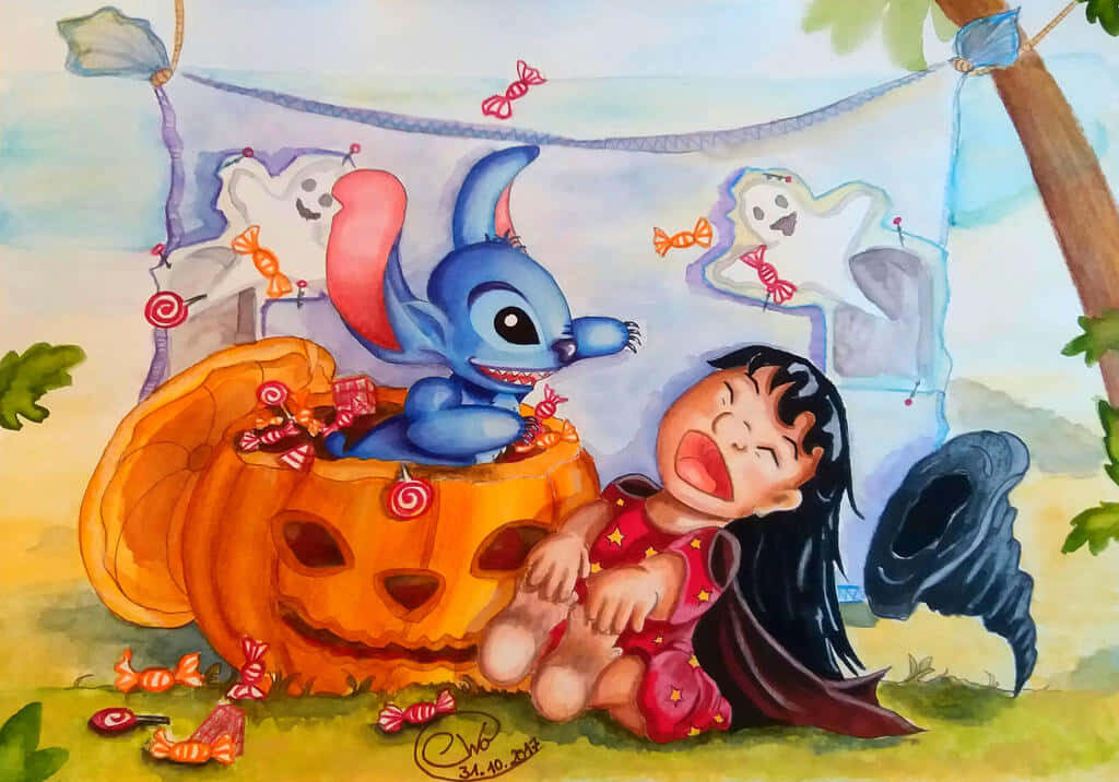 Cheerful Lilo & Stitch Halloween Wallpaper with Pumpkins & Ghosts
