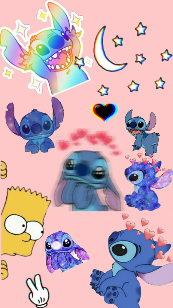 Whimsical Lilo & Stitch Wallpaper with Pink Background & Colorful Elements