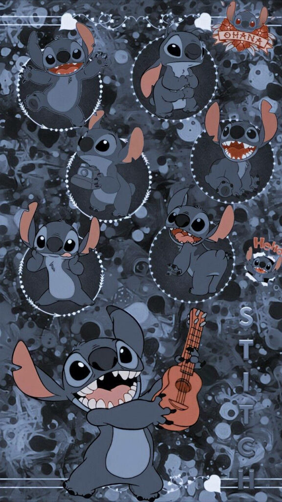 Playful Stitch Collage Wallpaper with Ukulele & Blue Splashes