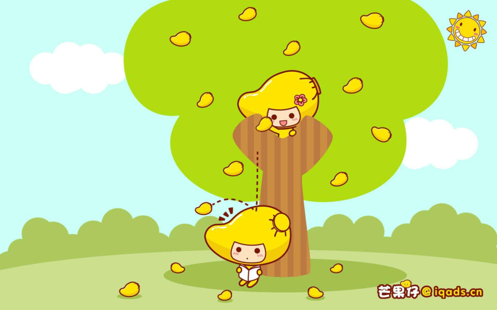 Mango Mischief: Playful Sticker Pair Engaging in Teasing Under a Lush Mango Tree Wallpaper