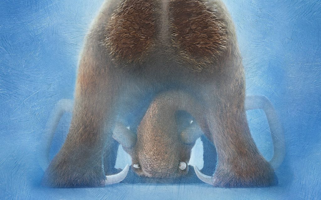 Manny woolly mammoth from Ice Age playful pose CGI wallpaper on textured icy blue background