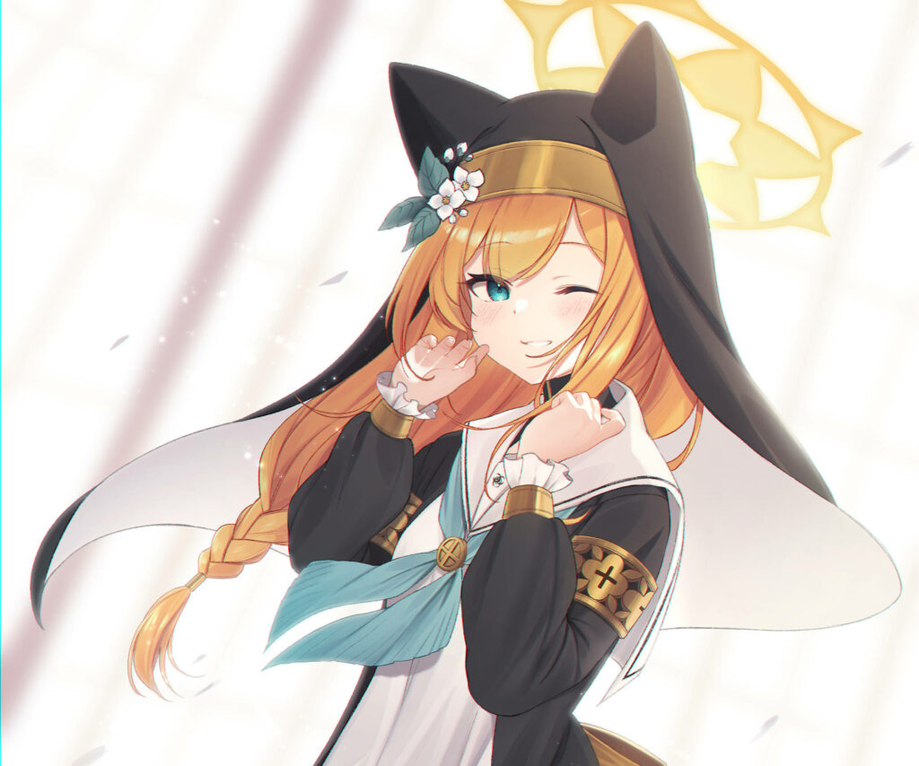 Charming Mari from Blue Archive: Playful Winking Wallpaper Background