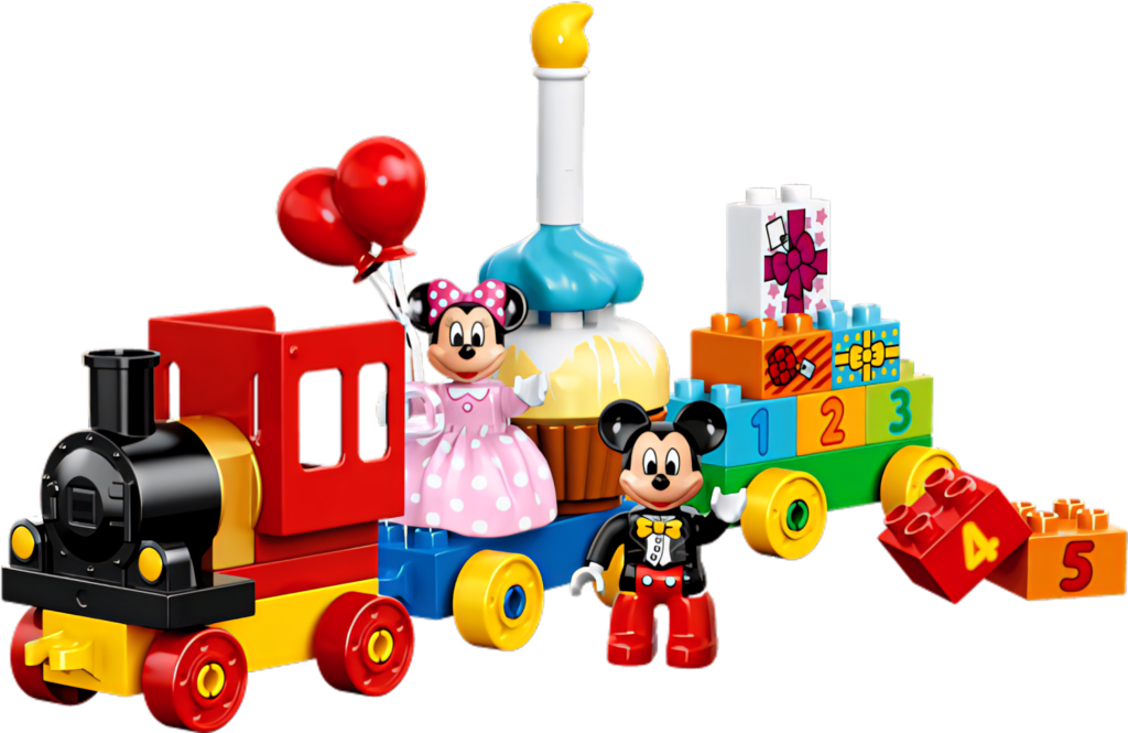 Playful Mickey & Minnie Birthday Wallpaper with Toy Train Theme