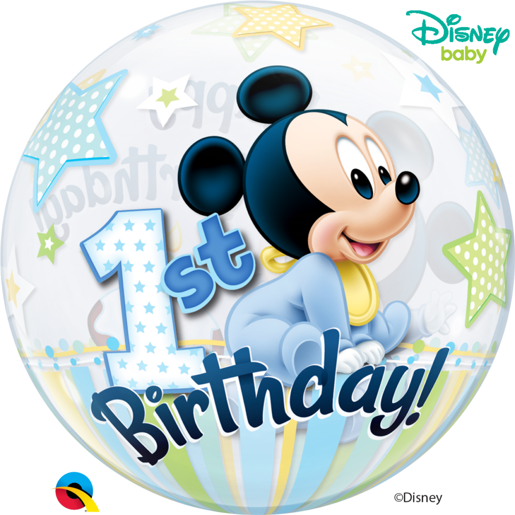 Playful Mickey Mouse 1st Birthday Wallpaper with Festive Design