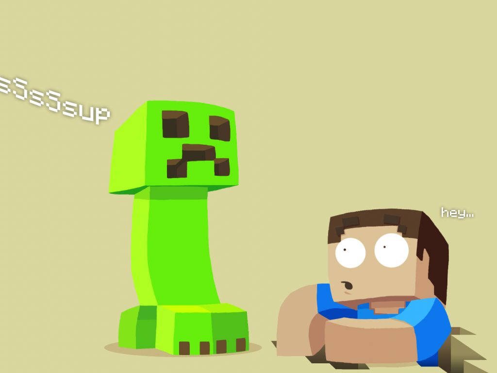 Minecraft wallpaper with Creeper greeting surprised Steve emerging from ground minimal digital art
