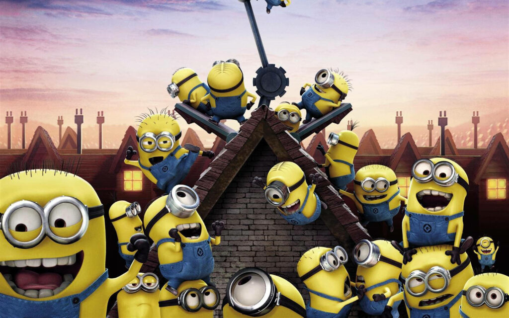 Playful Minions Mischief: Sunset Rooftop Wallpaper Background