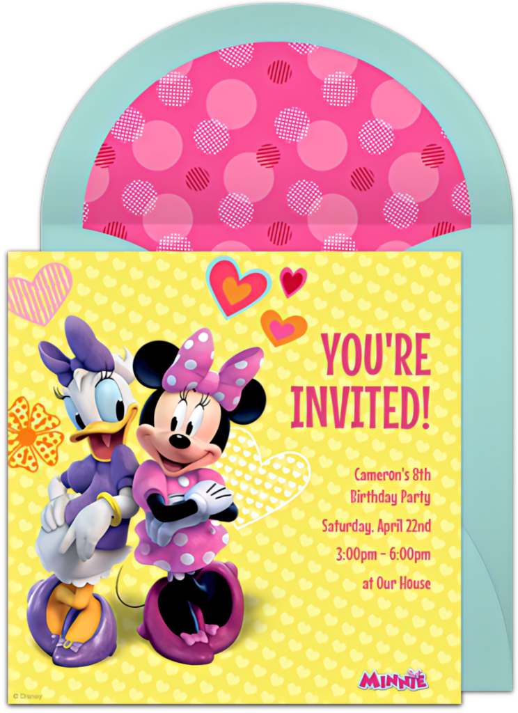 Vibrant Minnie Mouse & Daisy Duck Birthday Invitation with Hearts Wallpaper