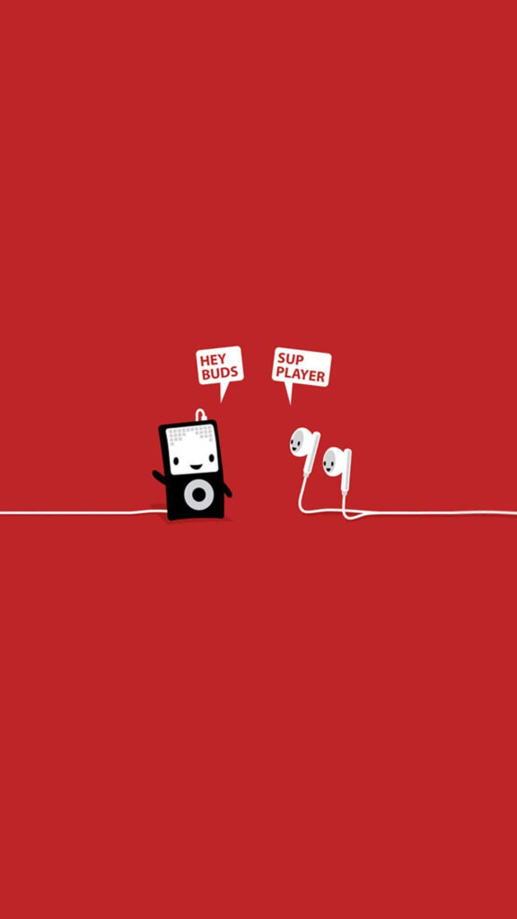 Playful Music Player & Earphones Wallpaper on Bold Red Background