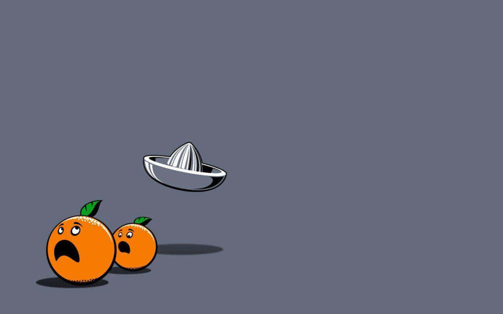 Playful Orange Artwork: Two Frightened Fruits Under Juicer Overhead Wallpaper