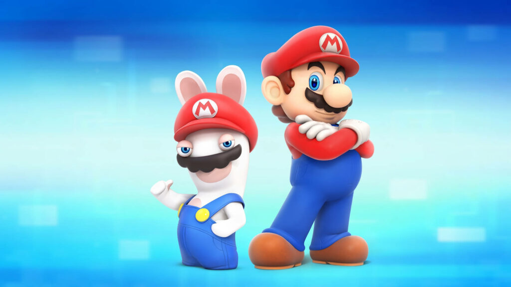 Adorable Collision: Rabbid Meets Super Mario on Mario Kart's Vibrant Blue Canvas. Wallpaper