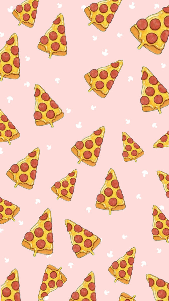 Playful pepperoni pizza slices pattern on soft pink background quirky food wallpaper design