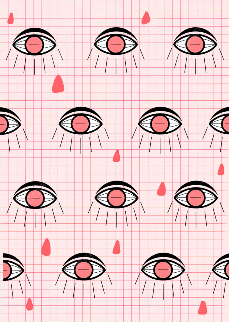 Playful abstract pink eyes pattern on soft pink grid wallpaper with whimsical droplets background